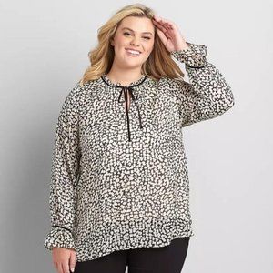 Lane Bryant Long Sleeve Keyhole Ruffle Neck Blouse Black & Natural Leopard 18/20